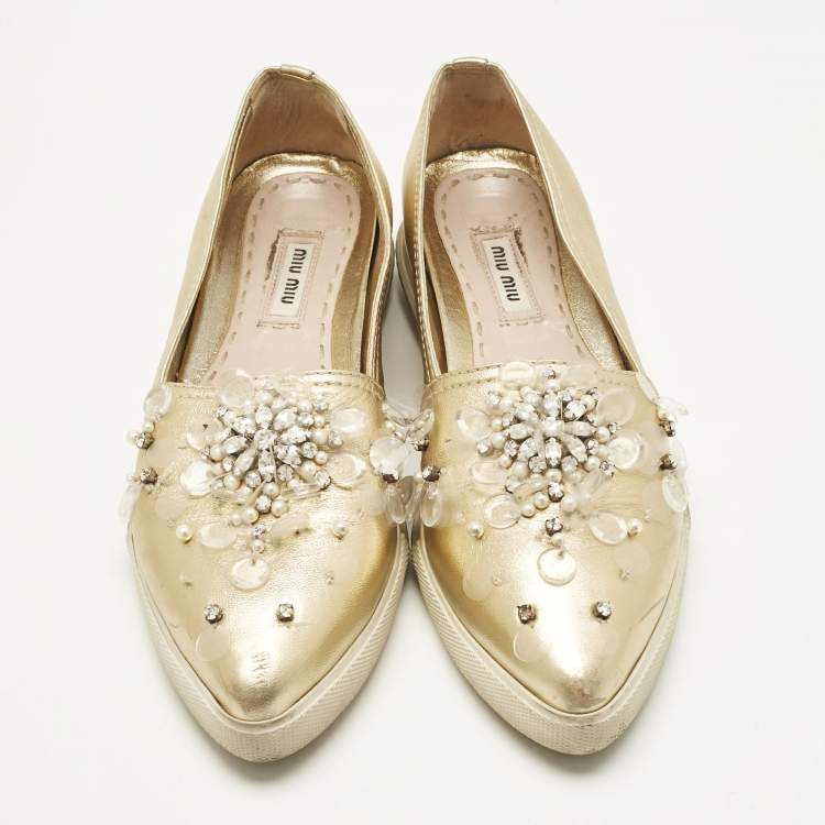 Pre Owned Miu Miu Gold LeatherEmbellish Pointed Toe Slip On Sneakers Size 36
