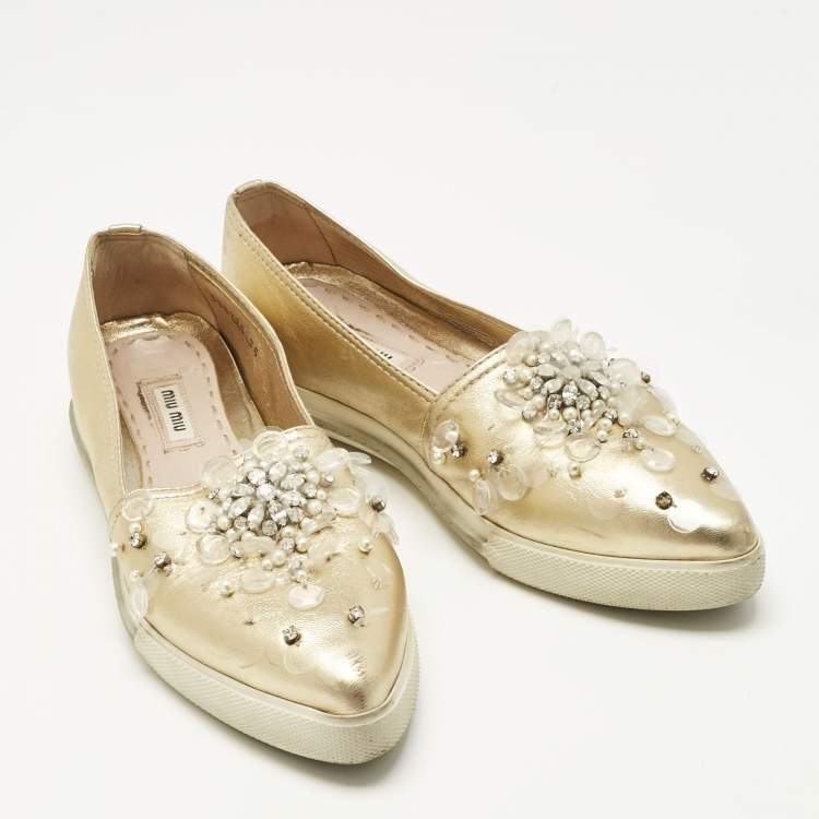 Pre Owned Miu Miu Gold LeatherEmbellish Pointed Toe Slip On Sneakers Size 36