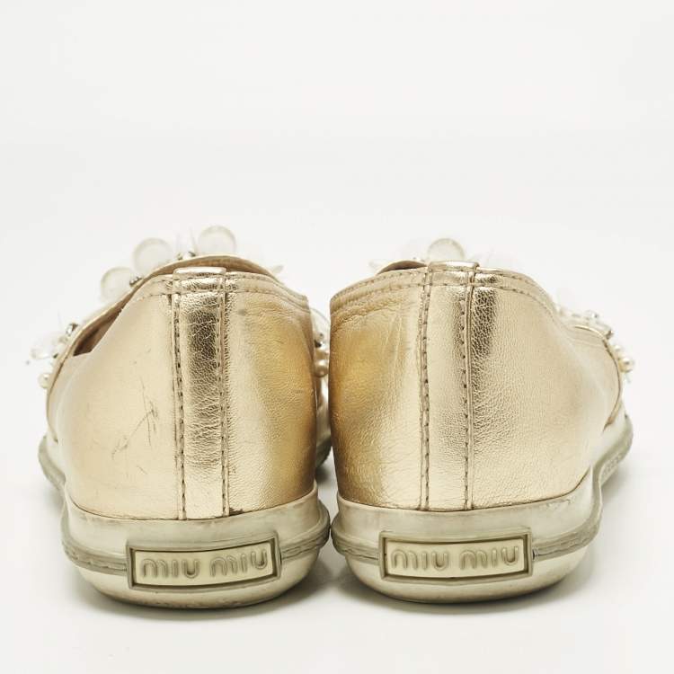 Pre Owned Miu Miu Gold LeatherEmbellish Pointed Toe Slip On Sneakers Size 36