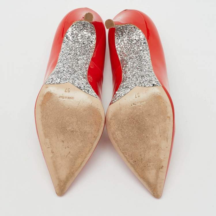 Pre Owned Miu Miu Cherry Red Patent Leather Glitter Sole Pointed Toe Pumps Size 37