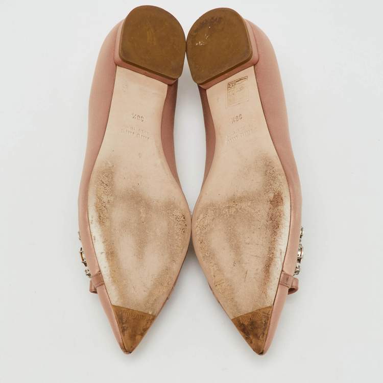 Pre Owned Miu Miu Beige Satin Bow Crystal Embellished Pointed Toe Ballet Flats Size 38.5