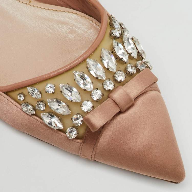 Pre Owned Miu Miu Beige Satin Bow Crystal Embellished Pointed Toe Ballet Flats Size 38.5
