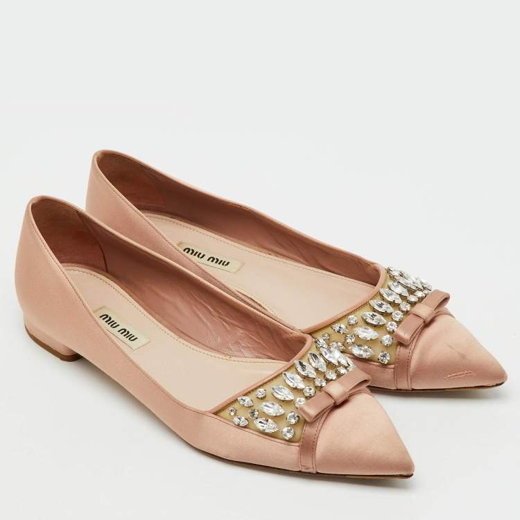 Pre Owned Miu Miu Beige Satin Bow Crystal Embellished Pointed Toe Ballet Flats Size 38.5