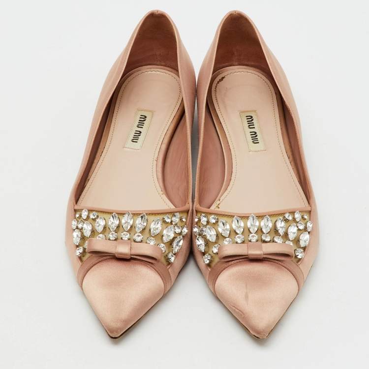 Pre Owned Miu Miu Beige Satin Bow Crystal Embellished Pointed Toe Ballet Flats Size 38.5