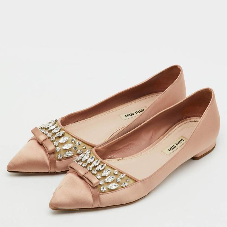 Pre Owned Miu Miu Beige Satin Bow Crystal Embellished Pointed Toe Ballet Flats Size 38.5