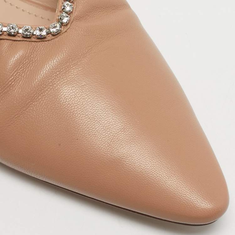 Pre Owned Miu Miu Beige Leather Crystal Embellished Ballet Flats Size 38