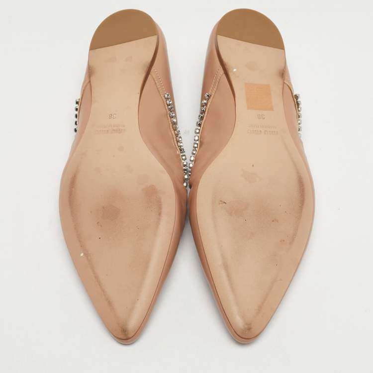 Pre Owned Miu Miu Beige Leather Crystal Embellished Ballet Flats Size 38