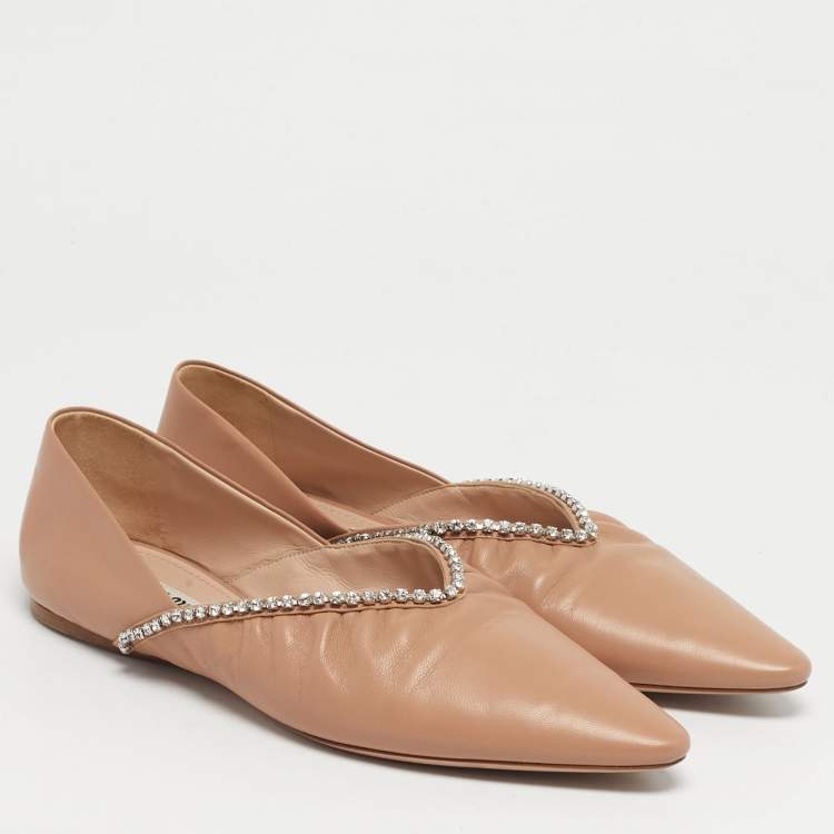 Pre Owned Miu Miu Beige Leather Crystal Embellished Ballet Flats Size 38