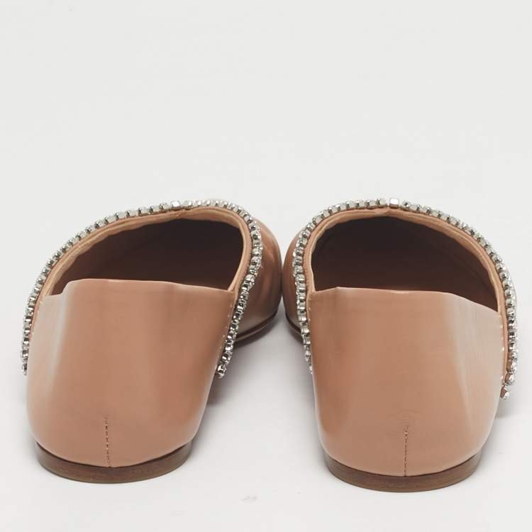 Pre Owned Miu Miu Beige Leather Crystal Embellished Ballet Flats Size 38