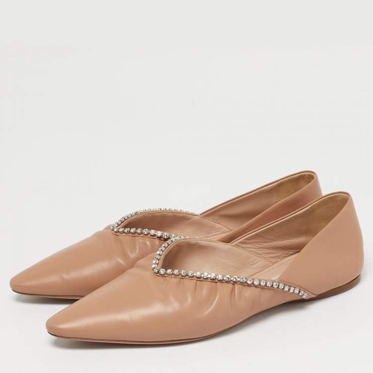 Pre Owned Miu Miu Beige Leather Crystal Embellished Ballet Flats Size 38