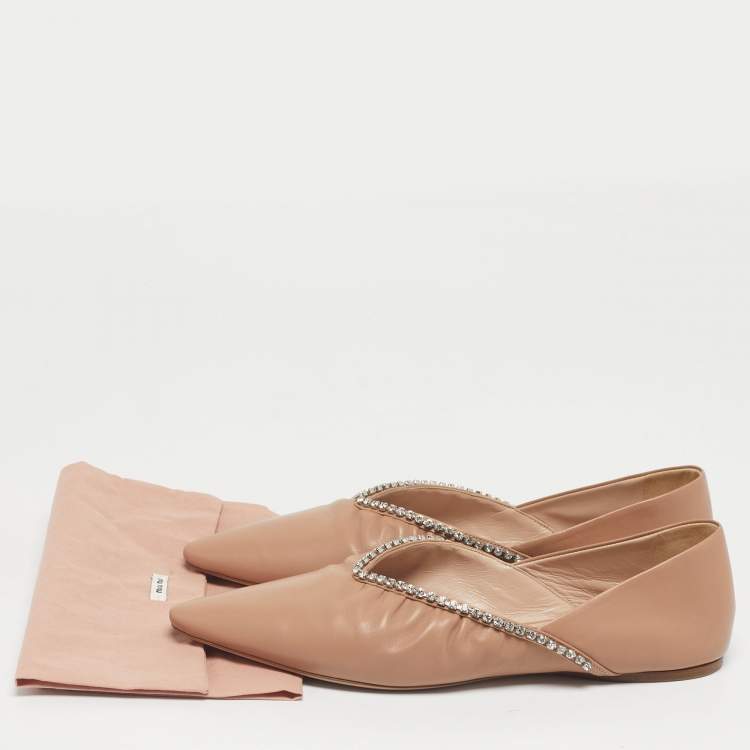 Pre Owned Miu Miu Beige Leather Crystal Embellished Ballet Flats Size 38
