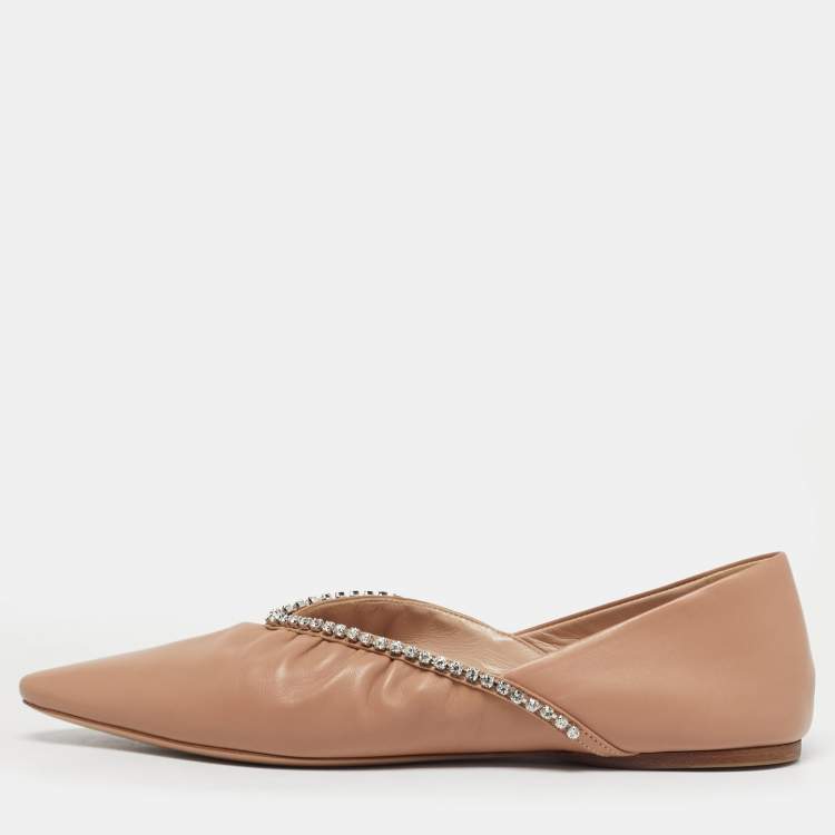 Pre Owned Miu Miu Beige Leather Crystal Embellished Ballet Flats Size 38