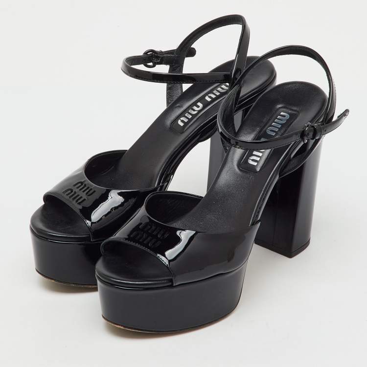 Pre Owned Miu Miu Black Patent Leather Block Heel Platform Sandals Size 37.5