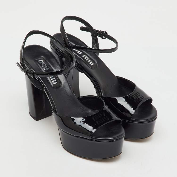 Pre Owned Miu Miu Black Patent Leather Block Heel Platform Sandals Size 37.5