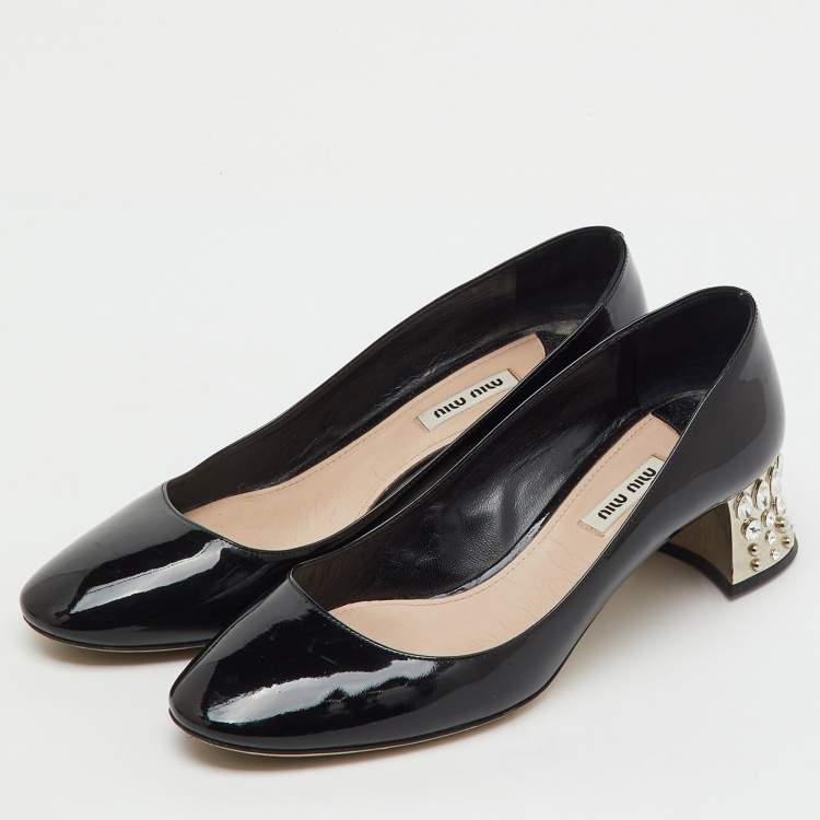 Pre Owned Miu Miu Black Patent Leather Crystal Embellished Block Heel Pumps Size 40