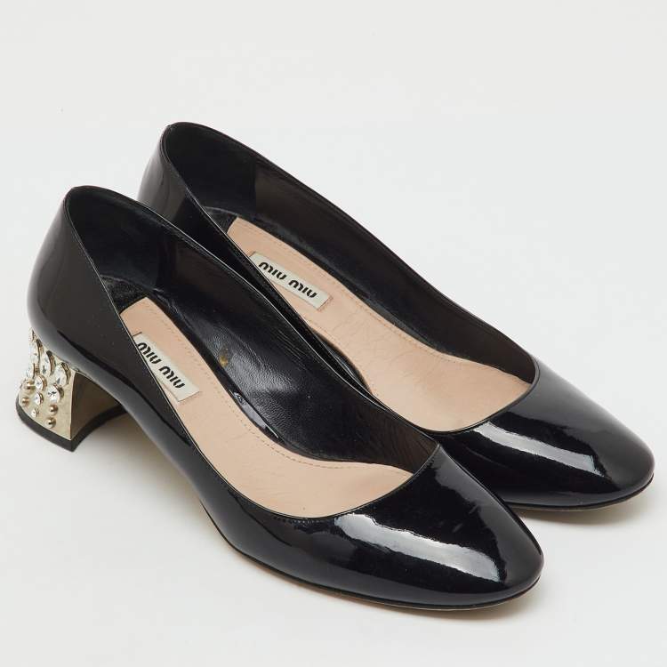 Pre Owned Miu Miu Black Patent Leather Crystal Embellished Block Heel Pumps Size 40