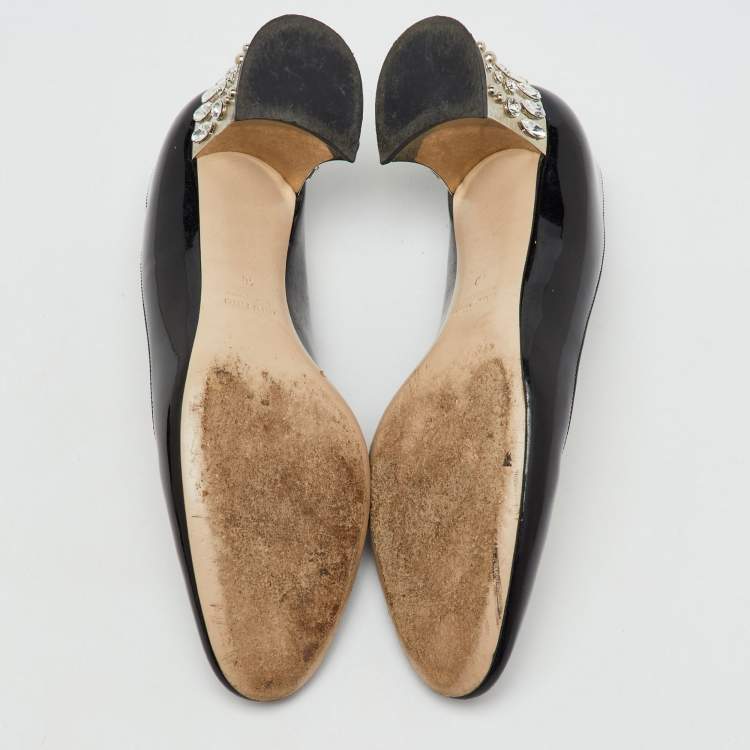 Pre Owned Miu Miu Black Patent Leather Crystal Embellished Block Heel Pumps Size 40
