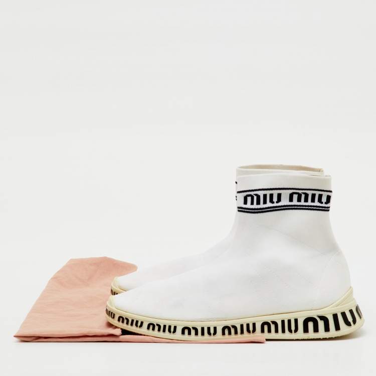 Pre Owned Miu Miu White Knit Fabric Sock High Slip On Sneakers Size 40