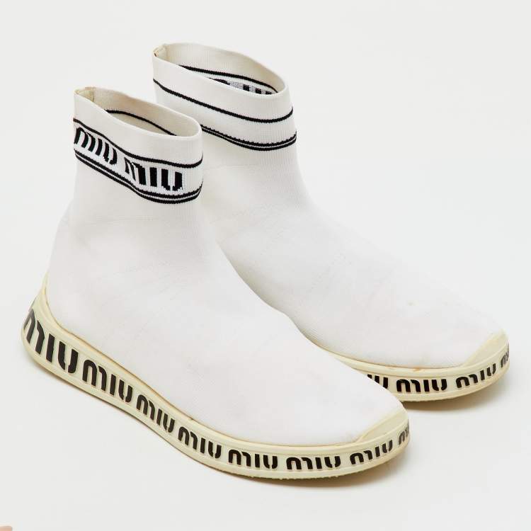 Pre Owned Miu Miu White Knit Fabric Sock High Slip On Sneakers Size 40