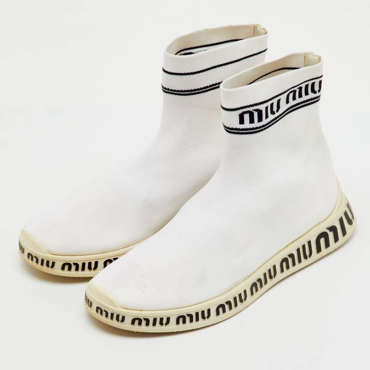 Pre Owned Miu Miu White Knit Fabric Sock High Slip On Sneakers Size 40
