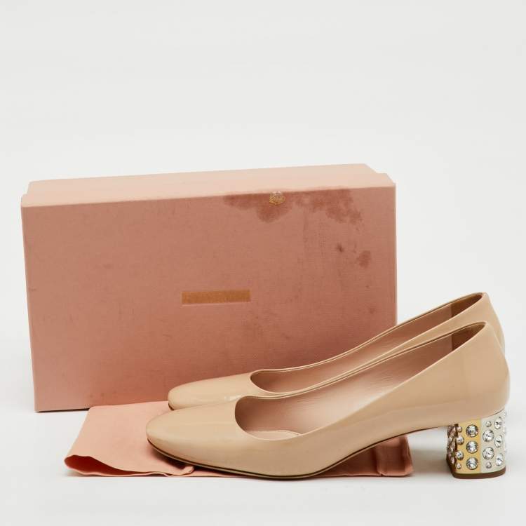 Pre Owned Miu Miu Beige Patent Leather Crystal Embellished Block Heel Pumps Size 40