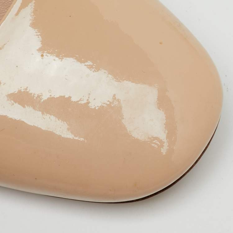 Pre Owned Miu Miu Beige Patent Leather Crystal Embellished Block Heel Pumps Size 40