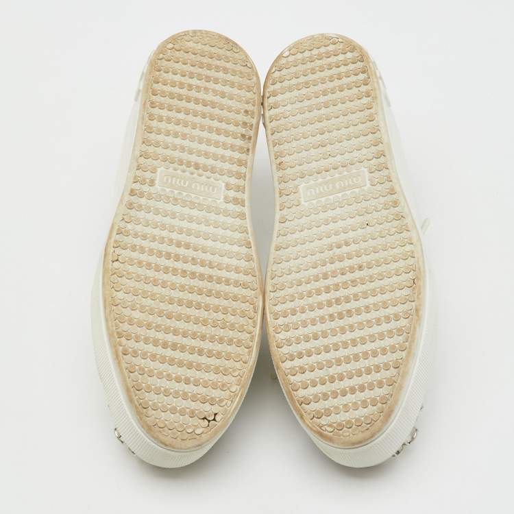 Pre Owned Miu Miu White Leather Crystal Embellished Cap Toe Platform Sneakers Size 38
