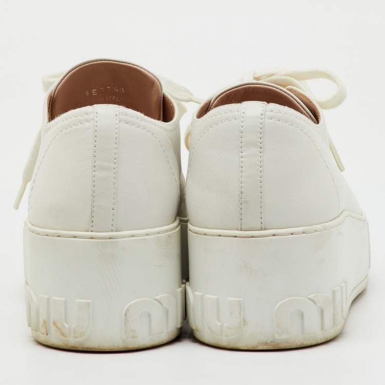 Pre Owned Miu Miu White Leather Crystal Embellished Cap Toe Platform Sneakers Size 38