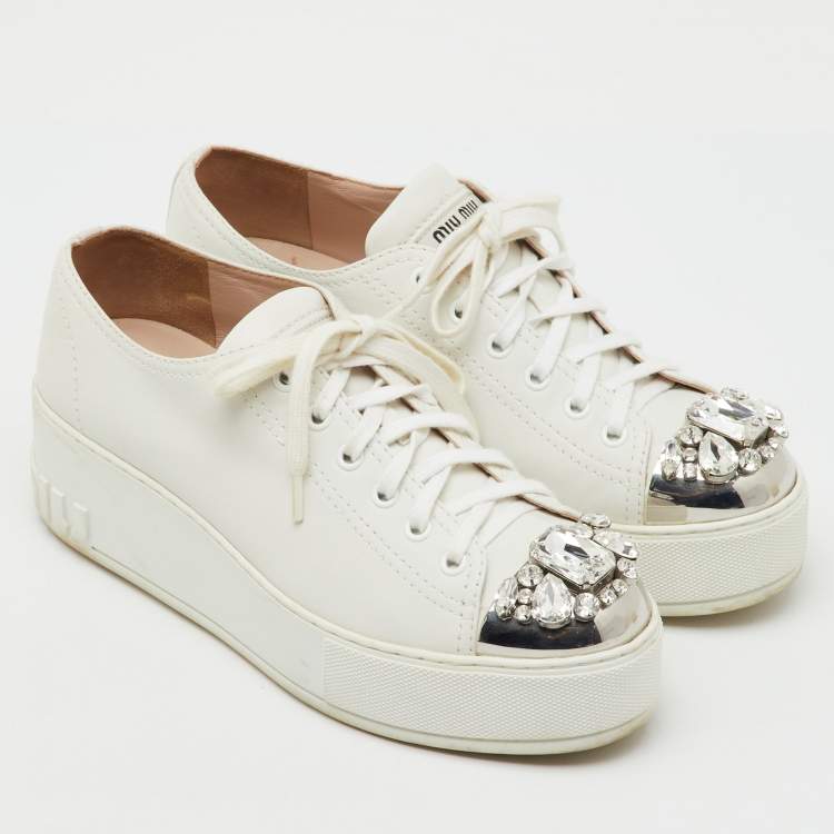 Pre Owned Miu Miu White Leather Crystal Embellished Cap Toe Platform Sneakers Size 38