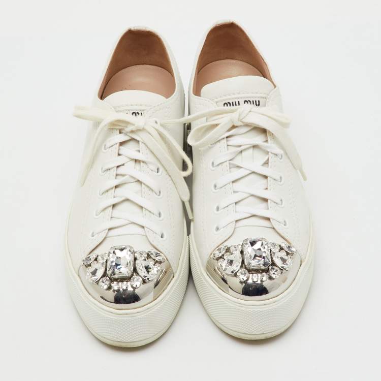 Pre Owned Miu Miu White Leather Crystal Embellished Cap Toe Platform Sneakers Size 38