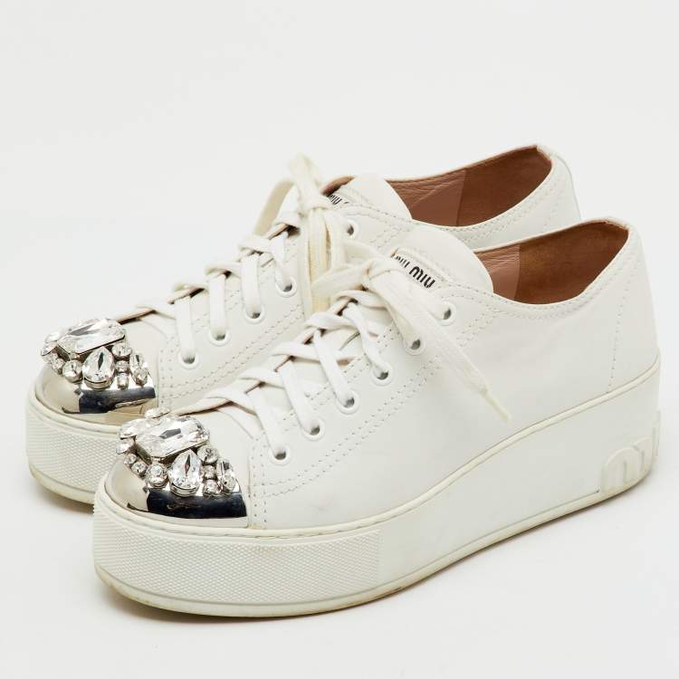 Pre Owned Miu Miu White Leather Crystal Embellished Cap Toe Platform Sneakers Size 38