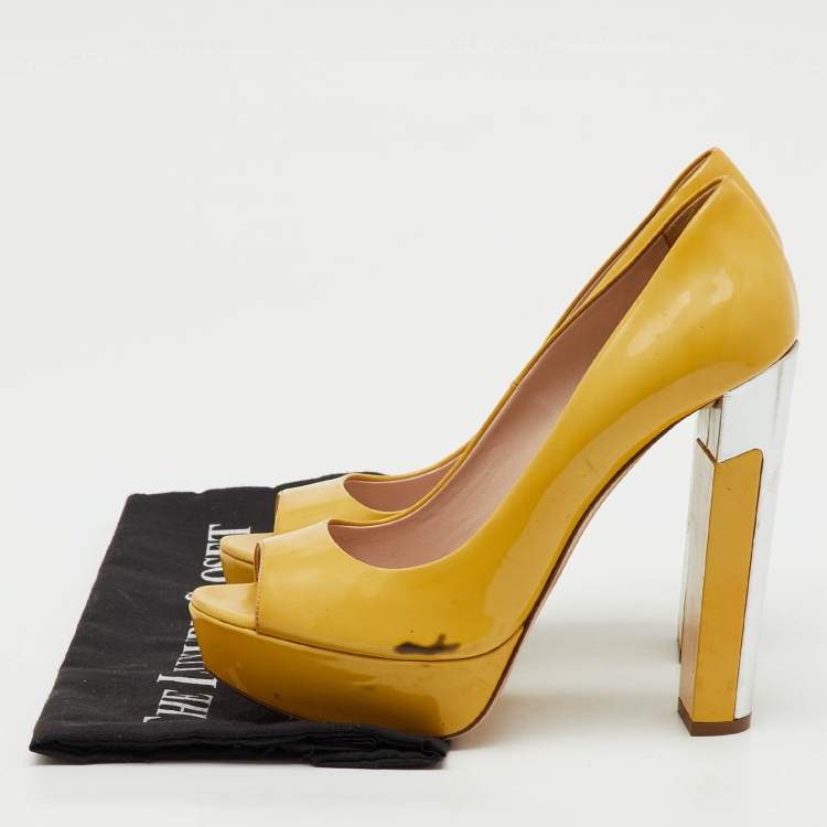 Pre Owned Miu Miu Yellow Patent Leather Peep Toe Platform Pumps Size 38