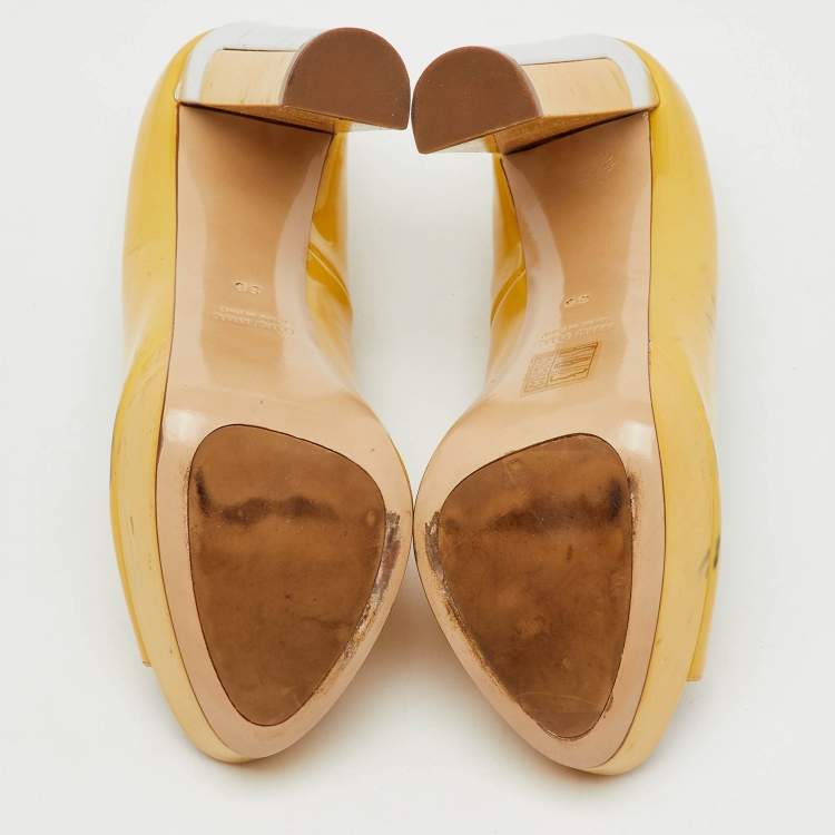 Pre Owned Miu Miu Yellow Patent Leather Peep Toe Platform Pumps Size 38
