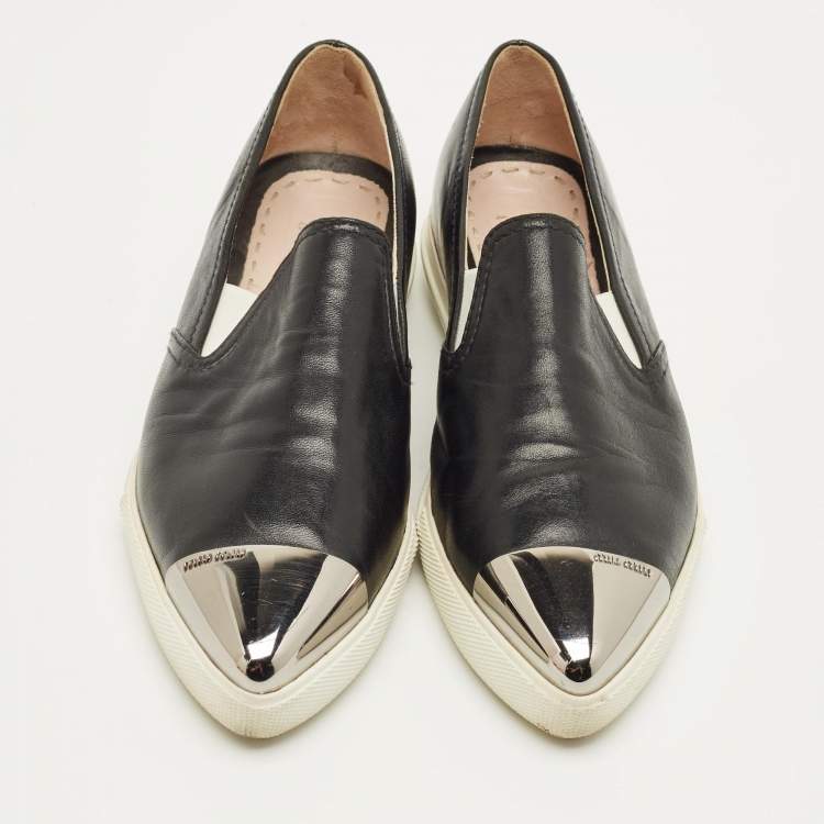 Pre Owned Miu Miu Black Leather Metal Cap Toe Slip On Sneakers Size 36
