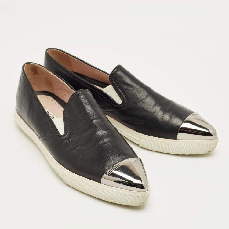 Pre Owned Miu Miu Black Leather Metal Cap Toe Slip On Sneakers Size 36