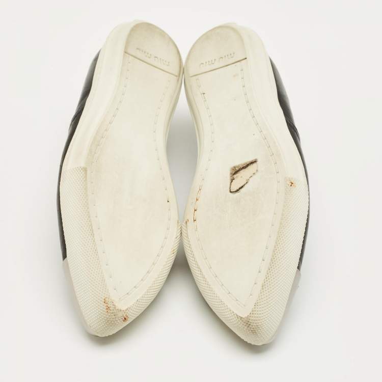 Pre Owned Miu Miu Black Leather Metal Cap Toe Slip On Sneakers Size 36