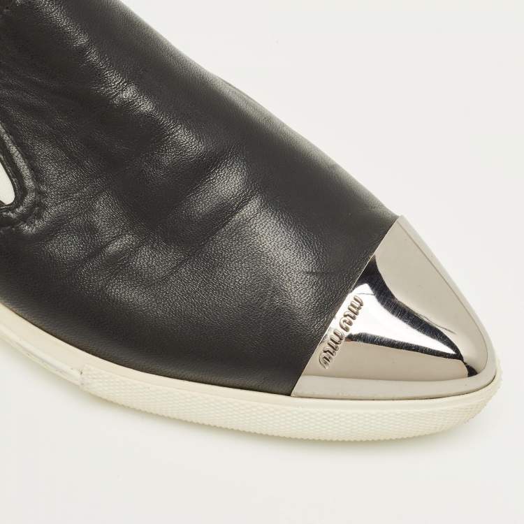 Pre Owned Miu Miu Black Leather Metal Cap Toe Slip On Sneakers Size 36