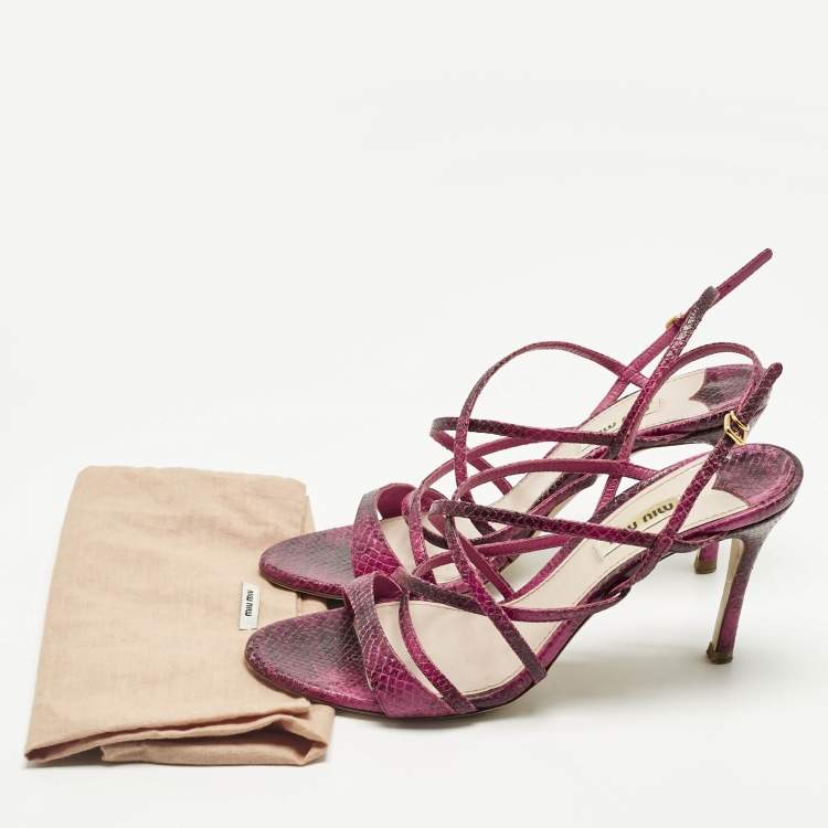 Pre Owned Miu Miu Pink Python Embossed Leather Slingback Sandals Size 38.5