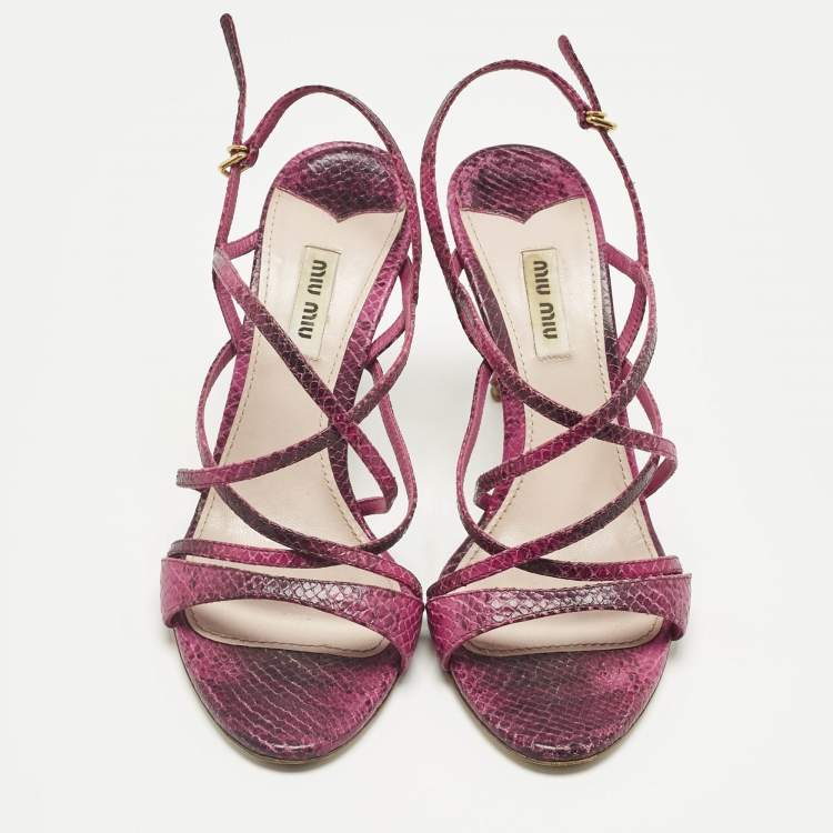 Pre Owned Miu Miu Pink Python Embossed Leather Slingback Sandals Size 38.5