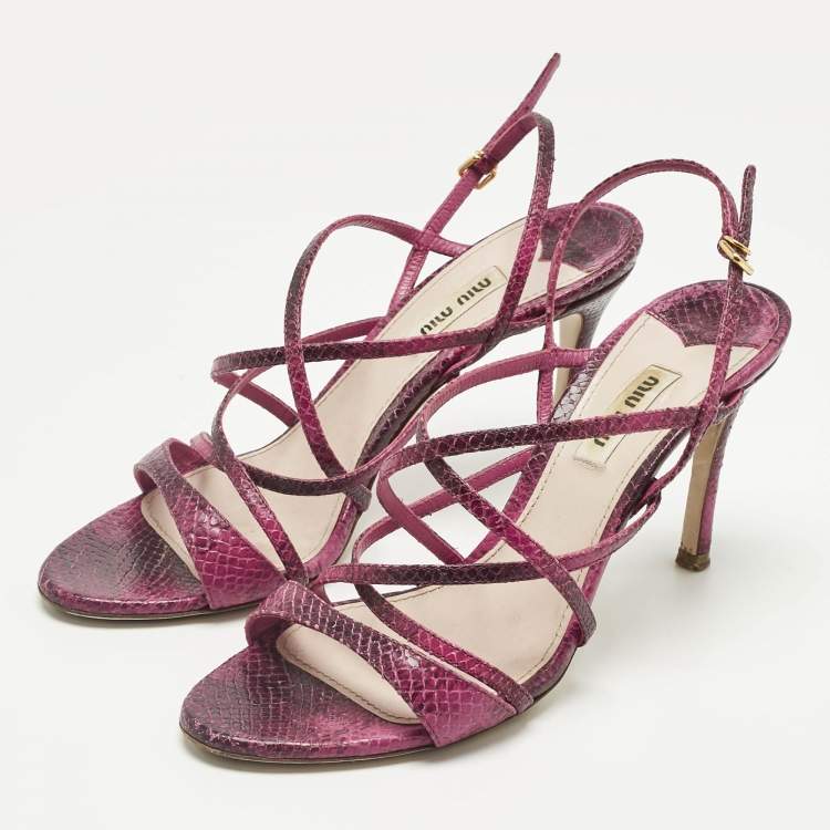 Pre Owned Miu Miu Pink Python Embossed Leather Slingback Sandals Size 38.5