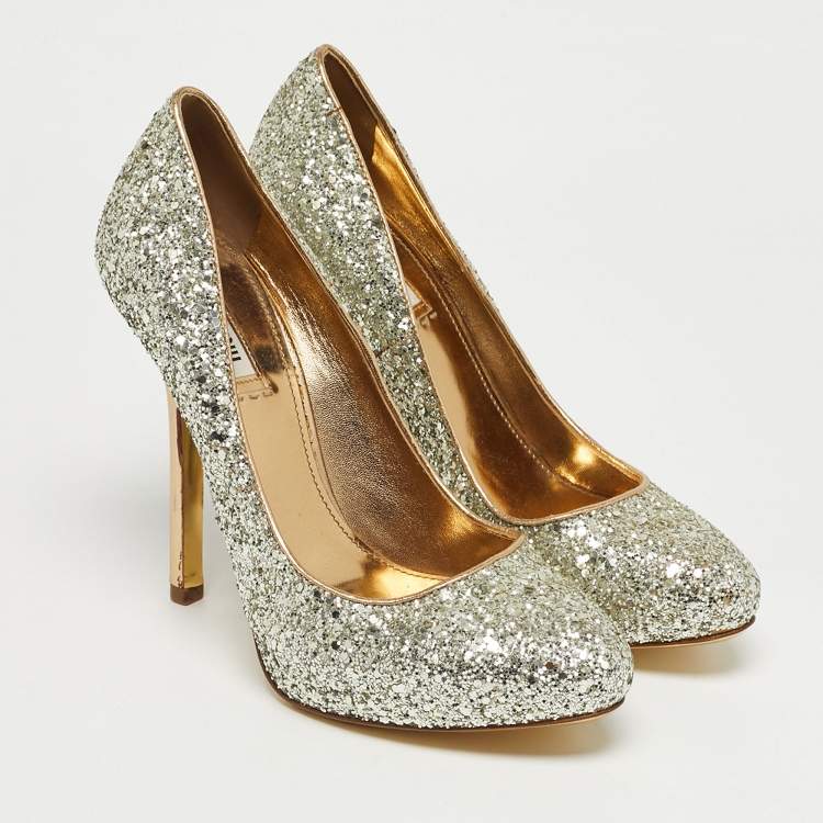 Pre Owned Miu Miu Gold Coarse Glitter Round Toe Pumps Size 37.5