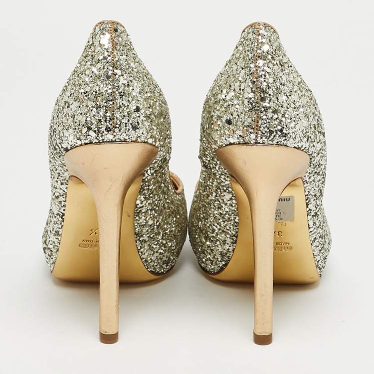 Pre Owned Miu Miu Gold Coarse Glitter Round Toe Pumps Size 37.5