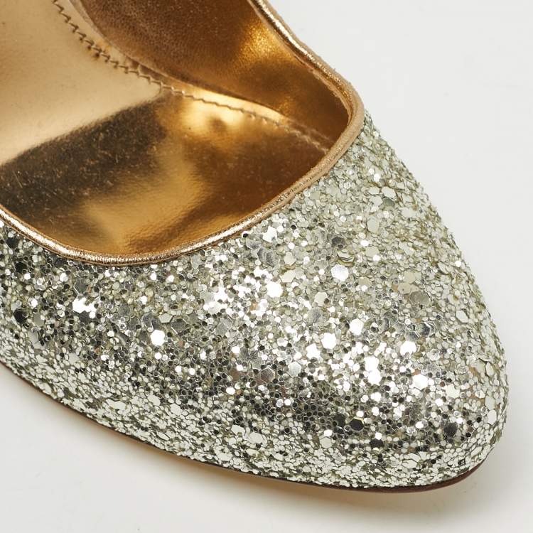 Pre Owned Miu Miu Gold Coarse Glitter Round Toe Pumps Size 37.5