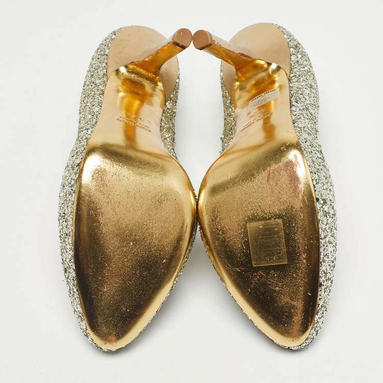 Pre Owned Miu Miu Gold Coarse Glitter Round Toe Pumps Size 37.5