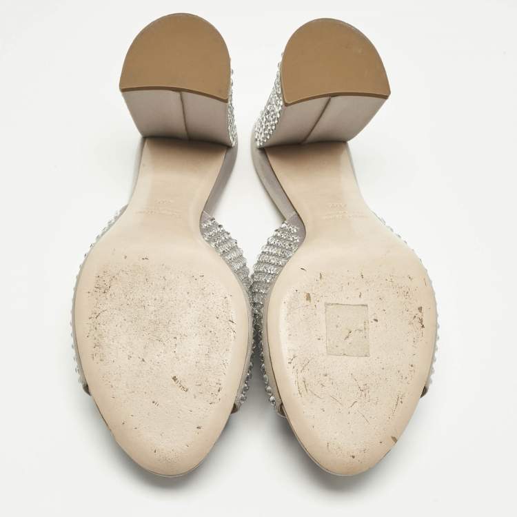 مملوكة مسبقًا Miu Miu Grey Satin Crystal Embellished Heel Mules Size 40.5