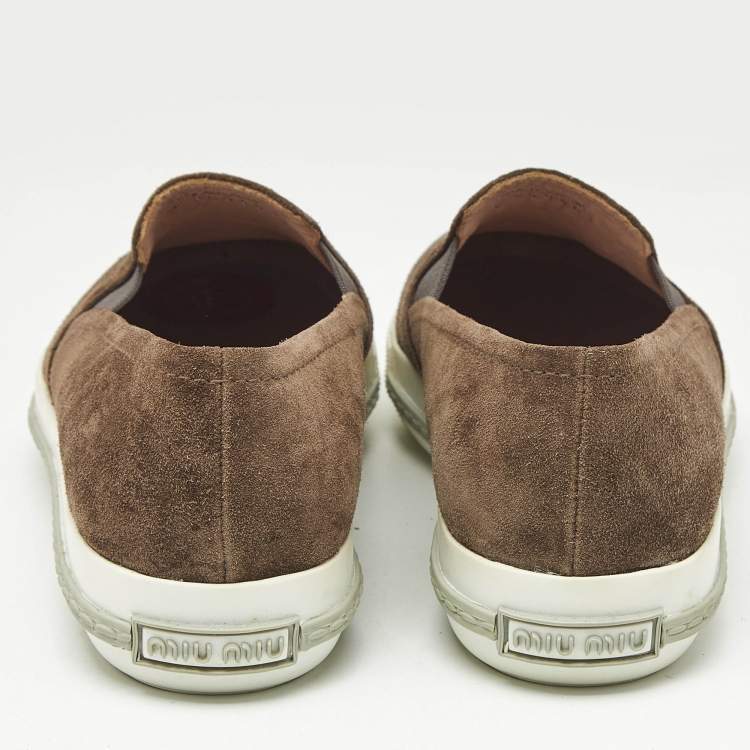 Pre Owned Miu Miu Brown Suede Metal Cap Toe Slip On Sneakers Size 37
