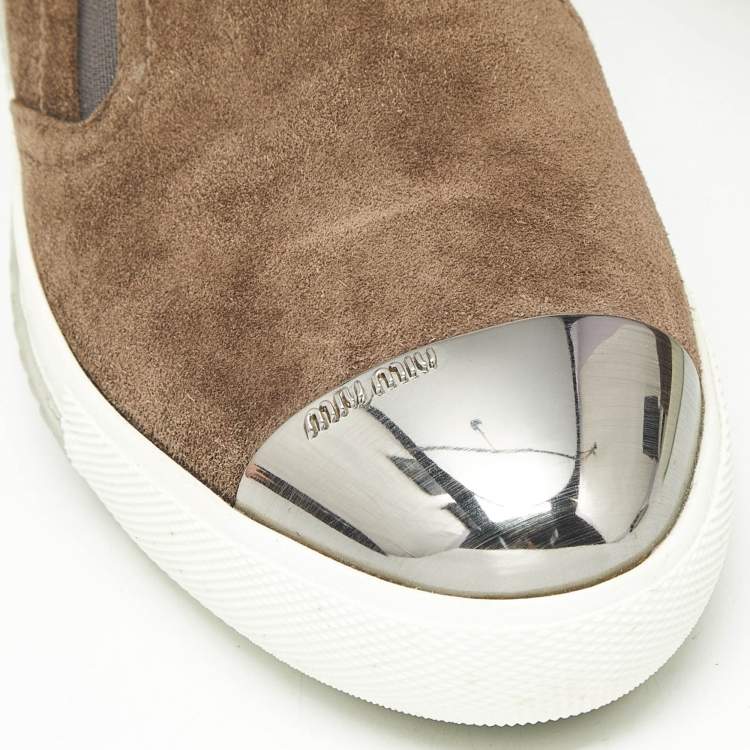 Pre Owned Miu Miu Brown Suede Metal Cap Toe Slip On Sneakers Size 37