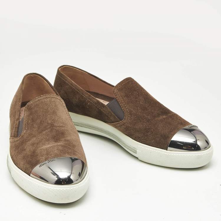 Pre Owned Miu Miu Brown Suede Metal Cap Toe Slip On Sneakers Size 37