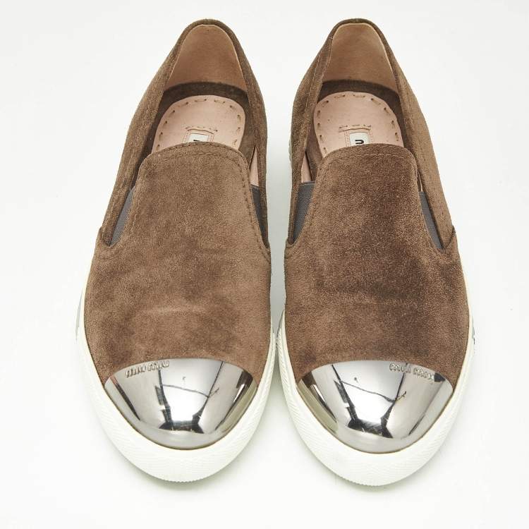Pre Owned Miu Miu Brown Suede Metal Cap Toe Slip On Sneakers Size 37