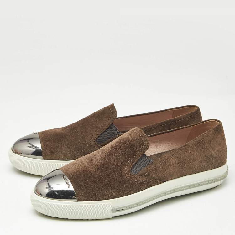 Pre Owned Miu Miu Brown Suede Metal Cap Toe Slip On Sneakers Size 37